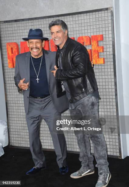 Actors Danny Trejo and Esai Morales arrive for the Premiere Of Warner Bros. Pictures' "Rampage" held at Microsoft Theater on April 4, 2018 in Los...