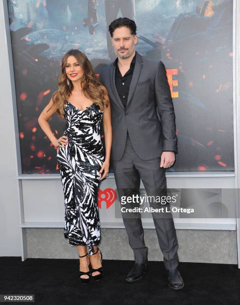 Actress Sofia Vergara and actorJoe Manganiello arrive for the Premiere Of Warner Bros. Pictures' "Rampage" held at Microsoft Theater on April 4, 2018...