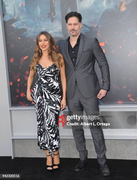 Actress Sofia Vergara and actorJoe Manganiello arrive for the Premiere Of Warner Bros. Pictures' "Rampage" held at Microsoft Theater on April 4, 2018...