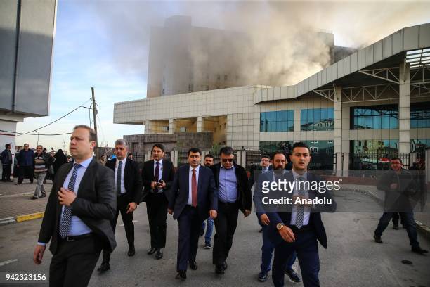 Istanbul Governor Vasip Sahin arrives to inspect the damage after a fire broke out in Taksim Training and Research Hospital on the European side of...