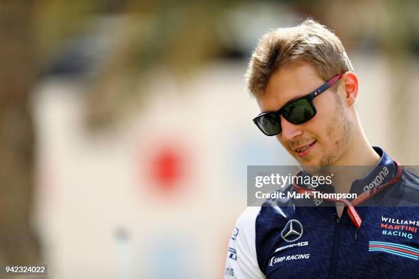 Sergey Sirotkin of Russia and Williams looks on during previews ahead of the Bahrain Formula One Grand Prix at Bahrain International Circuit on April...