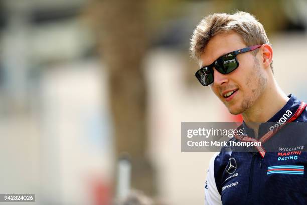 Sergey Sirotkin of Russia and Williams looks on during previews ahead of the Bahrain Formula One Grand Prix at Bahrain International Circuit on April...