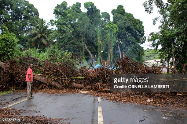 Man stands by a road blockade made of tree trunks and branches on April 5, 2018 in Longoni, in the north of the Grande-Terre island of the French...