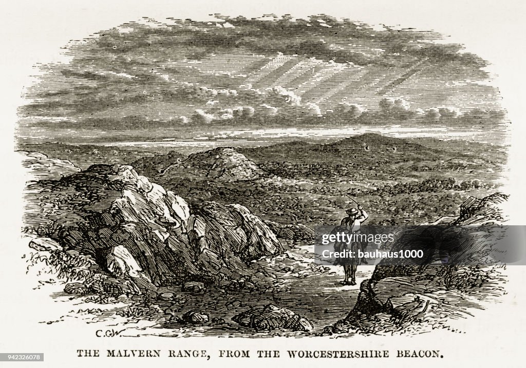 Malvern Range in Worcestershire Beacon, England Victorian Engraving, 1840