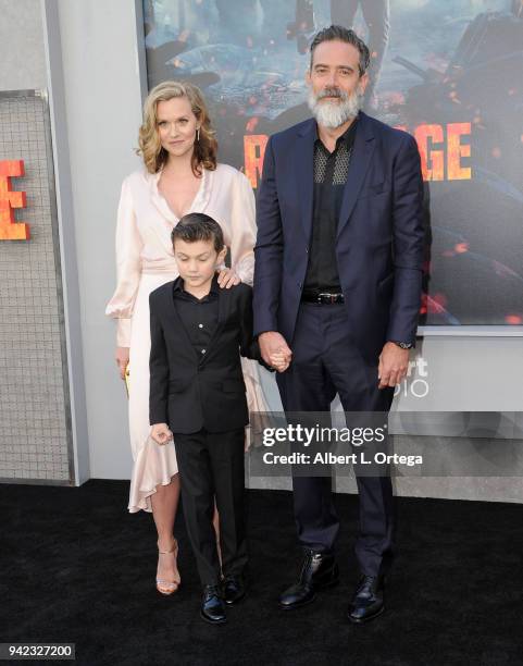 Actress Hilarie Burton, actor Jeffrey Dean Morgan and son Augustus Morgan arrive for the Premiere Of Warner Bros. Pictures' "Rampage" held at...