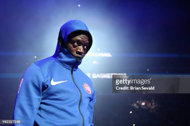 Reggie Jackson of the Detroit Pistons looks on during the National Anthem before the game against the Philadelphia 76ers on April 4, 2018 at Little...