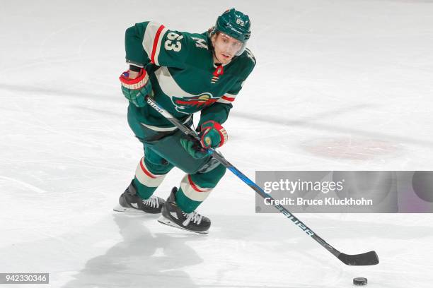 Tyler Ennis of the Minnesota Wild skates with the puck against the Edmonton Oilers during the game at the Xcel Energy Center on April 2, 2018 in St....