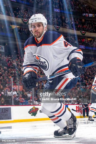 Kris Russell of the Edmonton Oilers skates against the Minnesota Wild during the game at the Xcel Energy Center on April 2, 2018 in St. Paul,...