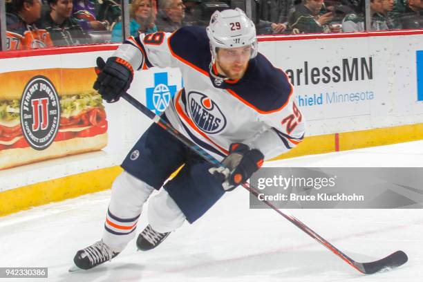 Leon Draisaitl of the Edmonton Oilers skates against the Minnesota Wild during the game at the Xcel Energy Center on April 2, 2018 in St. Paul,...