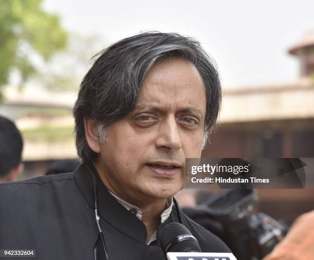 Member of Parliament, Lok Sabha from Thiruvananthapuram, Kerala, Shashi Tharoor talking with media persons during the Parliament Budget Session on...