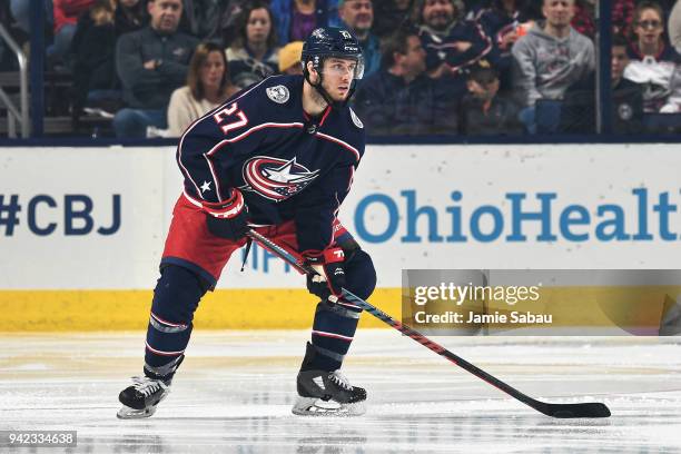 Ryan Murray of the Columbus Blue Jackets skates against the Detroit Red Wings on April 3, 2018 at Nationwide Arena in Columbus, Ohio. Ryan Murray