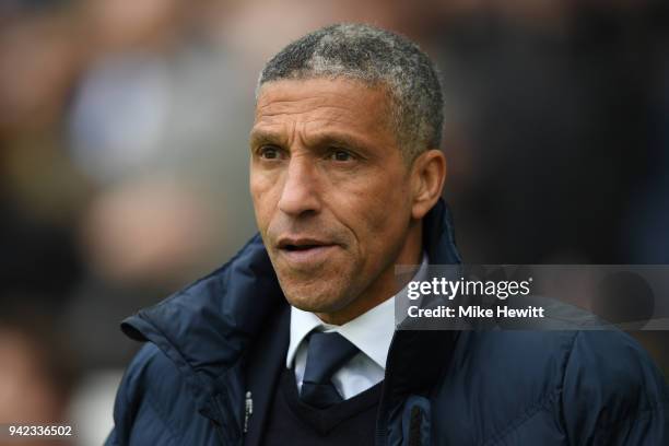 Brighton manager Chris Hughton looks on during the Premier League match between Brighton and Hove Albion and Leicester City at Amex Stadium on March...