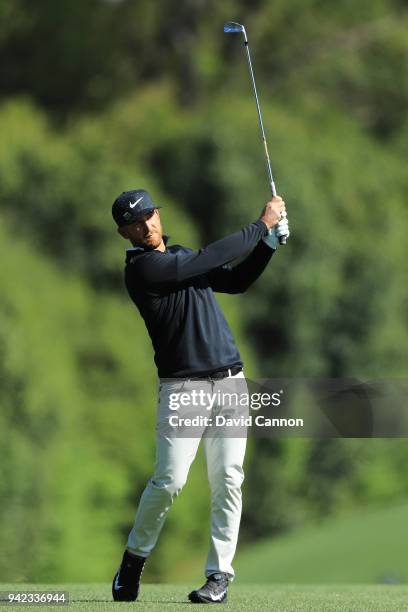 Kevin Chappell of the United States plays his second shot on the fifth hole during the first round of the 2018 Masters Tournament at Augusta National...