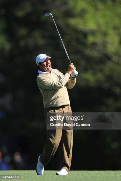 Jose Maria Olazabal of Spain reacts after hitting his second shot on the fifth hole during the first round of the 2018 Masters Tournament at Augusta...