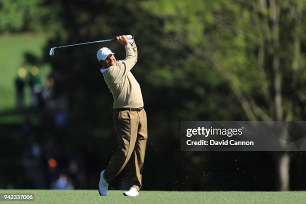 Jose Maria Olazabal of Spain reacts after hitting his second shot on the fifth hole during the first round of the 2018 Masters Tournament at Augusta...