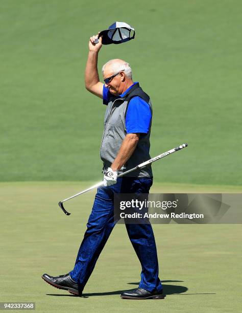 Sandy Lyle of Scotland waves on the second hole during the first round of the 2018 Masters Tournament at Augusta National Golf Club on April 5, 2018...