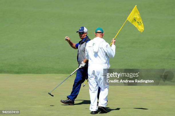 Sandy Lyle of Scotland waves on the second hole during the first round of the 2018 Masters Tournament at Augusta National Golf Club on April 5, 2018...