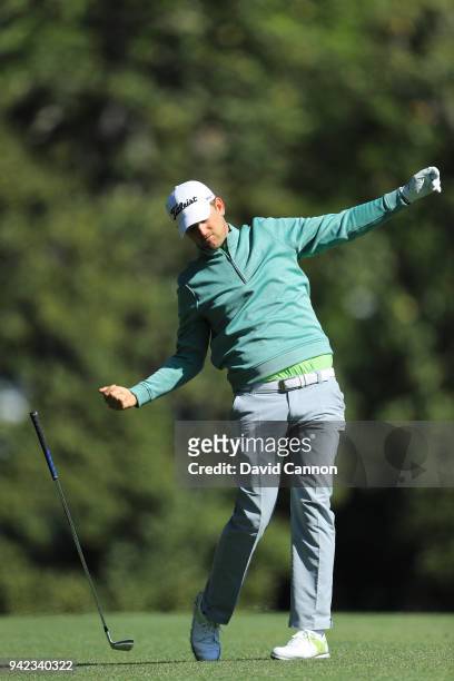 Bernd Wiesberger of Austria plays his second shot on the fifth hole during the first round of the 2018 Masters Tournament at Augusta National Golf...