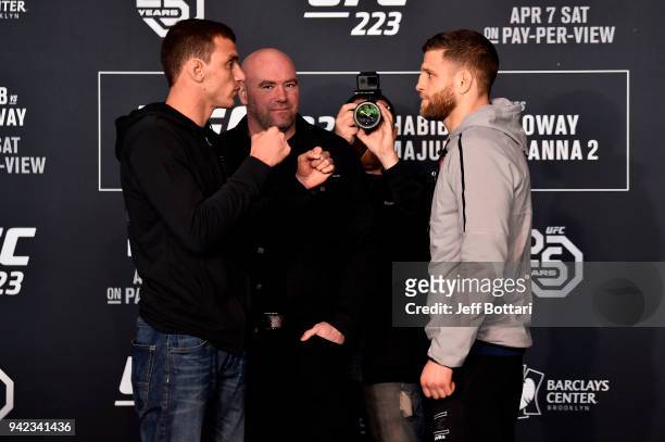 Renato Moicano of Brazil and Calvin Kattar face off during the UFC 223 Ultimate Media Day inside Barclays Center on April 5, 2018 in Brooklyn, New...