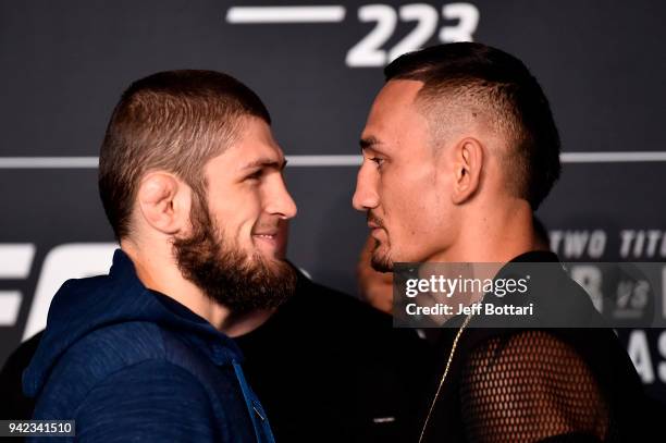 Khabib Nurmagomedov of Russia and Max Holloway face off during the UFC 223 Ultimate Media Day inside Barclays Center on April 5, 2018 in Brooklyn,...