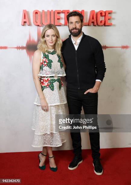 Actor Emily Blunt and actor and director John Krasinski attend "A Quiet Place" screening at the Curzon Soho on April 5, 2018 in London, England.