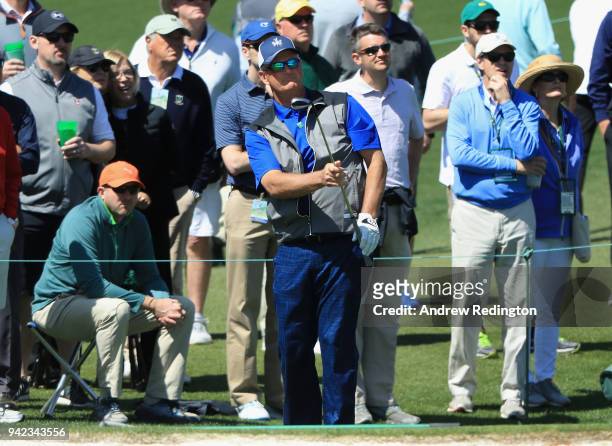 Sandy Lyle of Scotland plays a shot on the second hole during the first round of the 2018 Masters Tournament at Augusta National Golf Club on April...