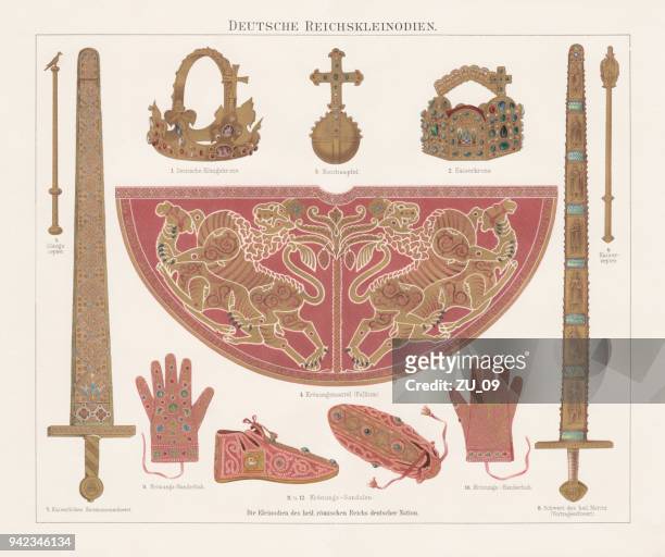 german imperial insignia (imperial treasury, vienna), lithograph, published in 1897 - medieval shoes stock illustrations