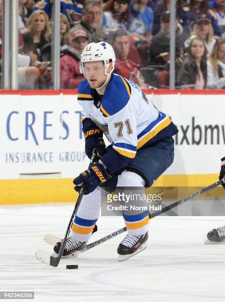 Vladimir Sobotka of the St Louis Blues skates the puck up ice against the Arizona Coyotes at Gila River Arena on March 31, 2018 in Glendale, Arizona.