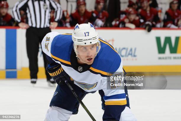 Jaden Schwartz of the St Louis Blues gets ready during a faceoff against the Arizona Coyotes at Gila River Arena on March 31, 2018 in Glendale,...