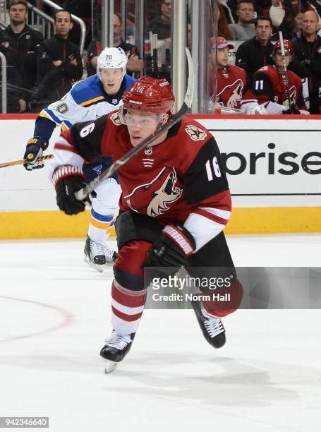 Max Domi of the Arizona Coyotes skates up ice against the St Louis Blues at Gila River Arena on March 31, 2018 in Glendale, Arizona.