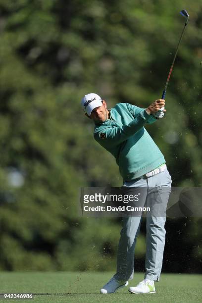 Bernd Wiesberger of Austria plays his second shot on the fifth hole during the first round of the 2018 Masters Tournament at Augusta National Golf...