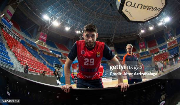 Patricio Garino, #29 of Baskonia Vitoria Gasteiz warming up before the 2017/2018 Turkish Airlines EuroLeague Regular Season Round 30 game between...