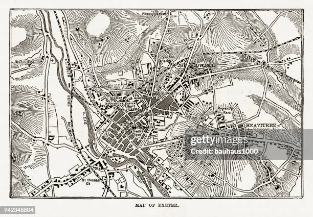 map of exeter in devon, england victorian engraving, 1840 - exeter stock illustrations