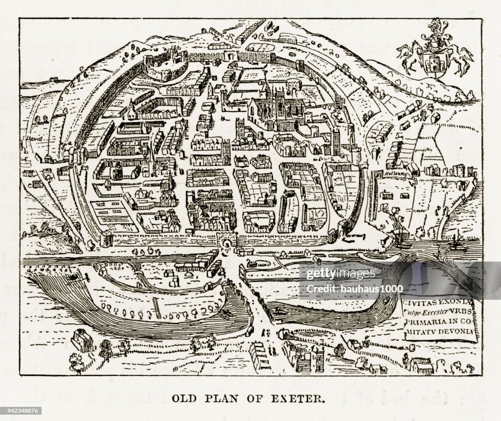 Old Plan of Exeter in Devon, England Victorian Engraving, 1840