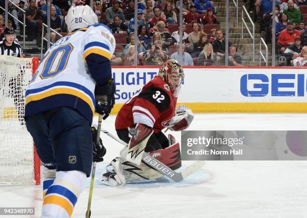 Antti Raanta of the Arizona Coyotes makes a blocker save against the St Louis Blues at Gila River Arena on March 31, 2018 in Glendale, Arizona.