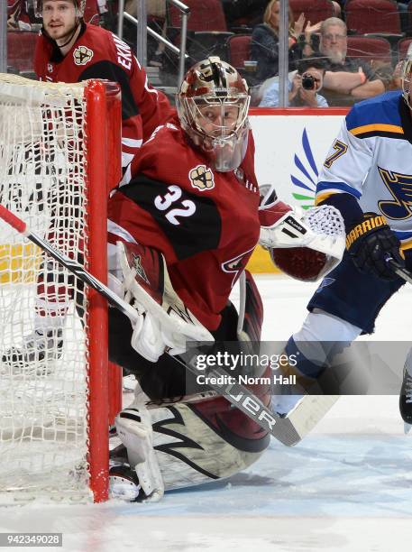 Antti Raanta of the Arizona Coyotes gets ready to make a save against the St Louis Blues at Gila River Arena on March 31, 2018 in Glendale, Arizona.