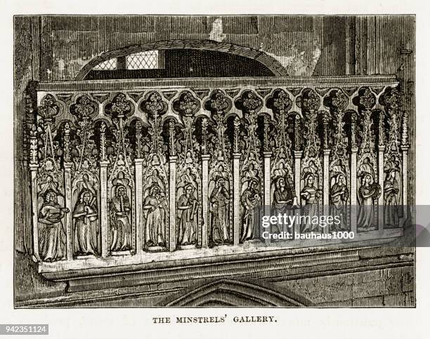 exeter cathedral minstrels gallery in exeter, england victorian engraving, 1840 - exeter stock illustrations