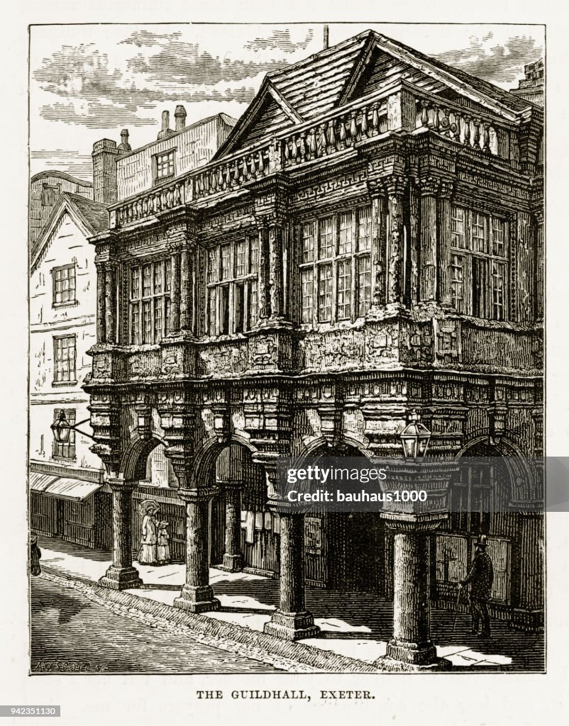 Guildhall in Exeter, Devon, England Victorian Engraving, 1840