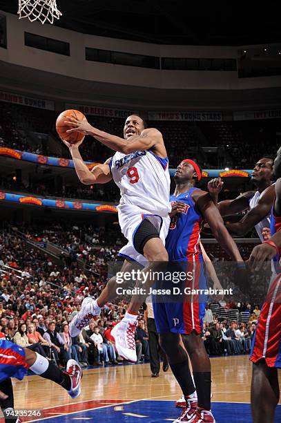 Andre Iguodala of the Philadelphia 76ers shoots against Kwame Brown of the Detroit Pistons during the game on December 9, 2009 at the Wachovia Center...