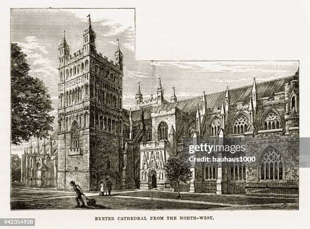 exeter cathedral in exeter, devon, england victorian engraving, 1840 - exeter cathedral stock illustrations