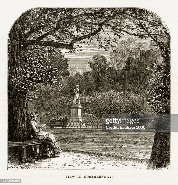 northernhay gardens in exeter, devon, england victorian engraving, 1840 - formal garden stock illustrations