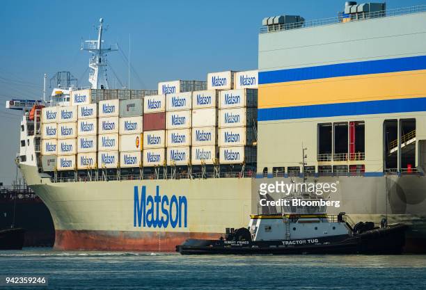 Tugboat guides the Matson Inc. Mokihana cargo ship into the Port of Long Beach in Long Beach, California, U.S., on Wednesday, April 4, 2018. The...