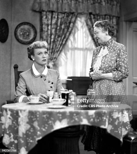 Television situation comedy Our Miss Brooks, episode The Birthday Bag. Pictured Eve Arden seated; Jane Morgan housekeeper. Image dated September 9,...
