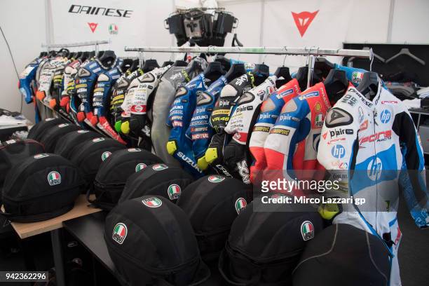 The leather of riders ready for the free practice in service company area in paddock during the MotoGp of Argentina - Previews on April 5, 2018 in...