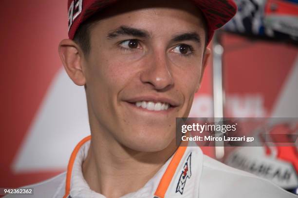 Marc Marquez of Spain and Repsol Honda Team smiles during the press conference pre-event during the MotoGp of Argentina - Previews on April 5, 2018...