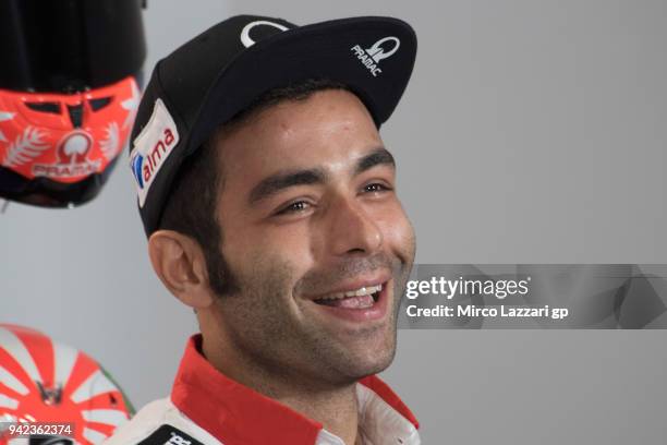 Danilo Petrucci of Italy and Pramac Racing smiles during the press conference pre-event during the MotoGp of Argentina - Previews on April 5, 2018 in...