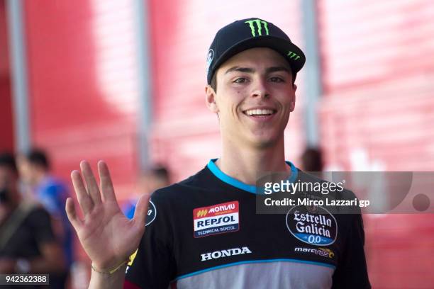 Alonso Lopez of Spain and Estrella Galicia 0,0 Honda greets and walks in paddock during the MotoGp of Argentina - Previews on April 5, 2018 in Rio...