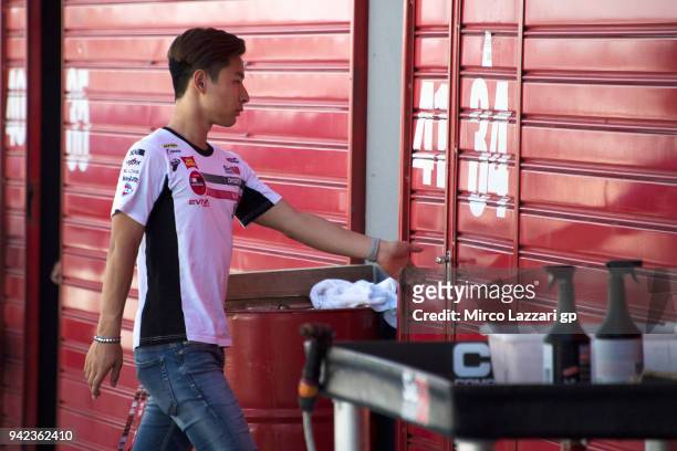 Tatsuki Suzuki of Italy and Sic 58 Squadra Corse Honda enters in box in paddock during the MotoGp of Argentina - Previews on April 5, 2018 in Rio...