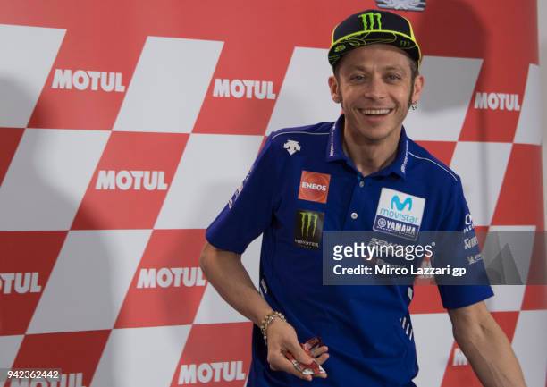 Valentino Rossi of Italy and Movistar Yamaha MotoGP smiles during the press conference pre-event during the MotoGp of Argentina - Previews on April...