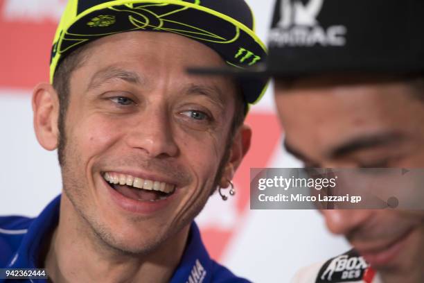 Valentino Rossi of Italy and Movistar Yamaha MotoGP smiles during the press conference pre-event during the MotoGp of Argentina - Previews on April...